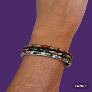 Vintage Set of Three Thin Floral Cloisonne Bangle Bracelets